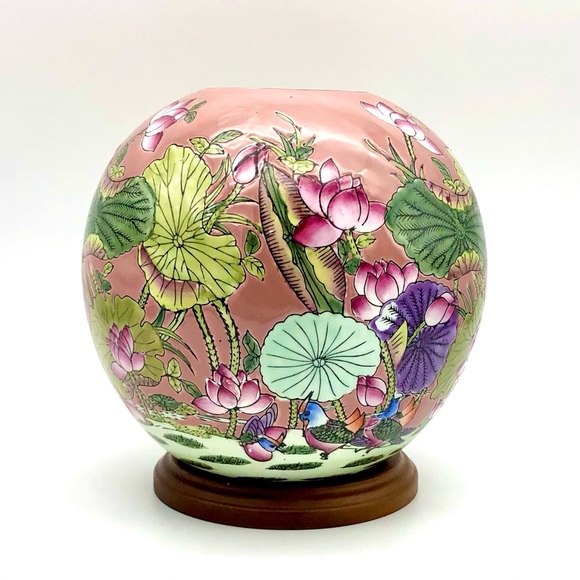 Chinese Porcelain Ball Vase Mauve Pink With Polychrome Florals And Birds Vintage